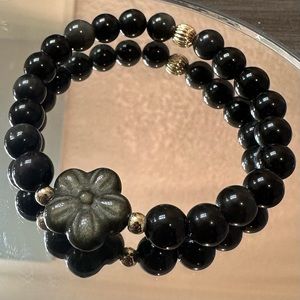 100% Natural Black onyx obsidian and 14k gold filled bead bracelet in 8mm